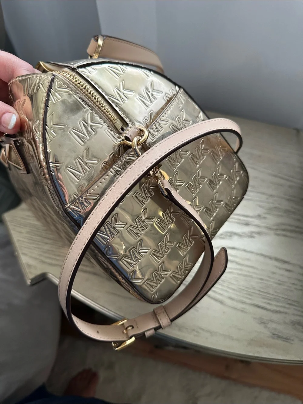 Michael Kors Gold Logo Satchel with Nude Trim